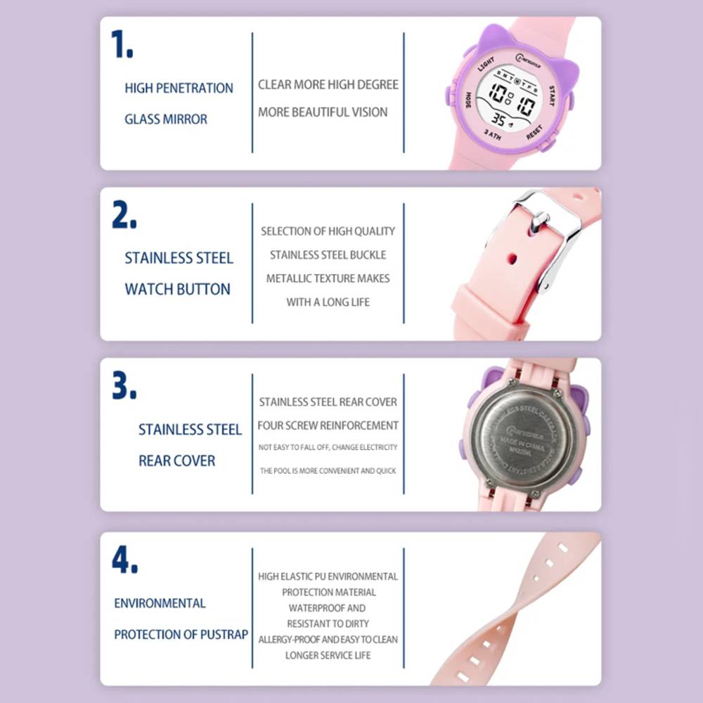 子供 腕時計 かわいい ネコ シリコン 多機能 生活防水 光る 猫耳 アラーム 白 - 画像9