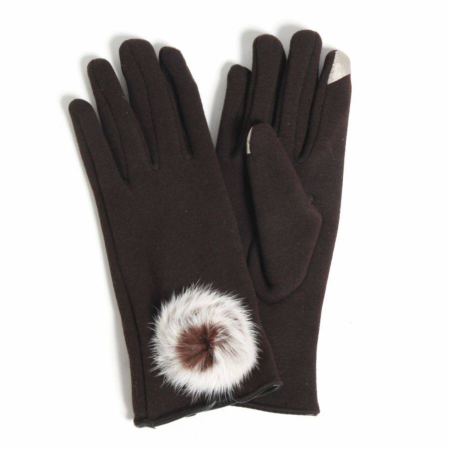 手袋 グローブ スマホ対応 ラビットファーボール付グローブ レディース 裏起毛 無  ブラウン - 画像1