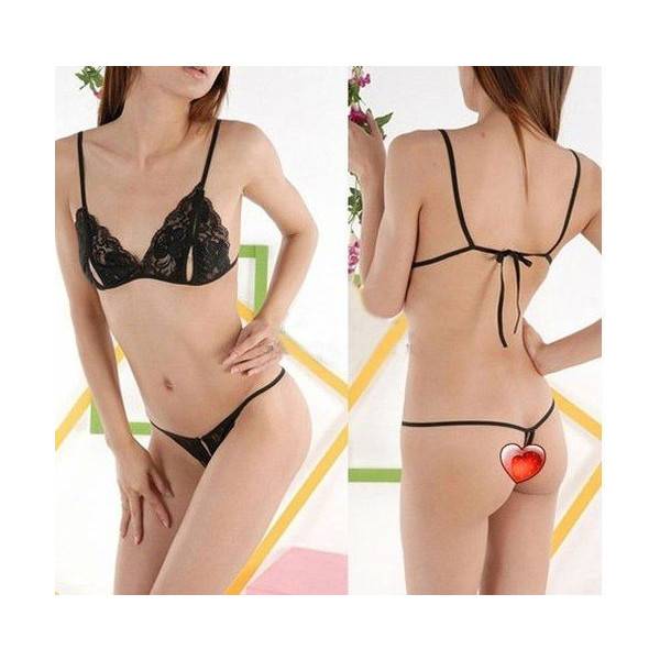 セクシー下着 レディース 穴あきレースブラ ショーツ セット ひもパンツ オープンクロッチ - 画像3
