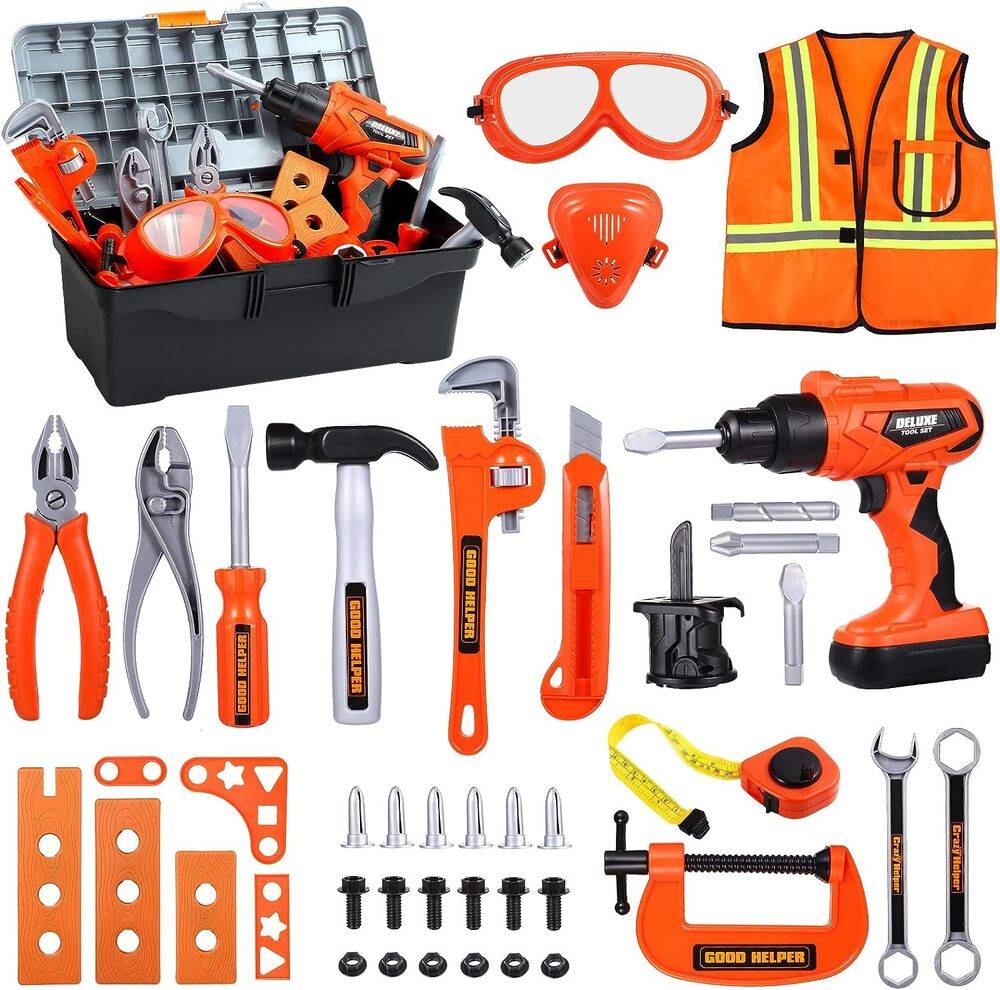 セット ボックス ツール バー ドリル 子供用 電子 おもちゃ 組み立て 男の子 椅子 タブレット エプロ  - 画像1